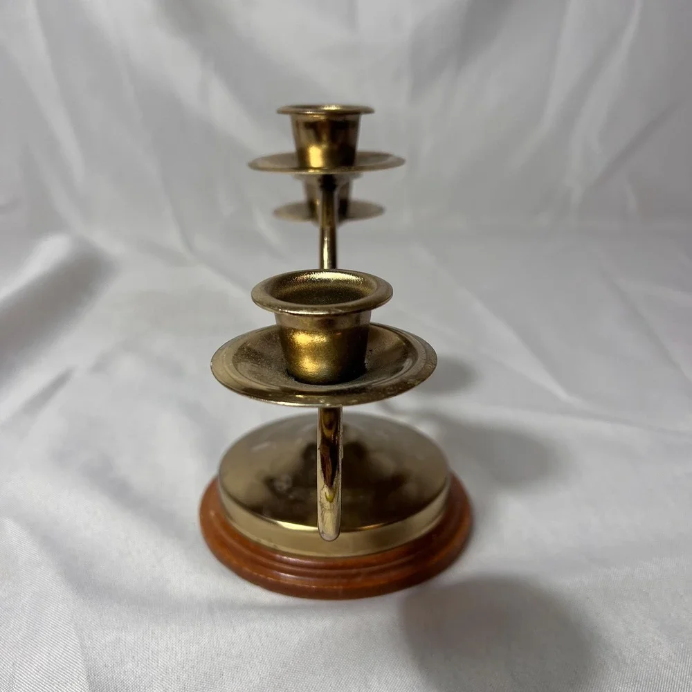 VTG Brass 3 Arm Candelabra Wood Base Scroll Candle Holder Hollywood Regency